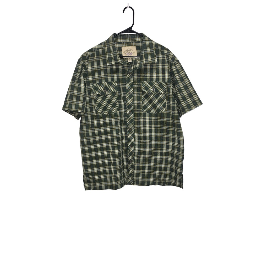 JNCO Jeans Mens XL Green Plaid Short Sleeve Button Up Ramie Blend Shirt